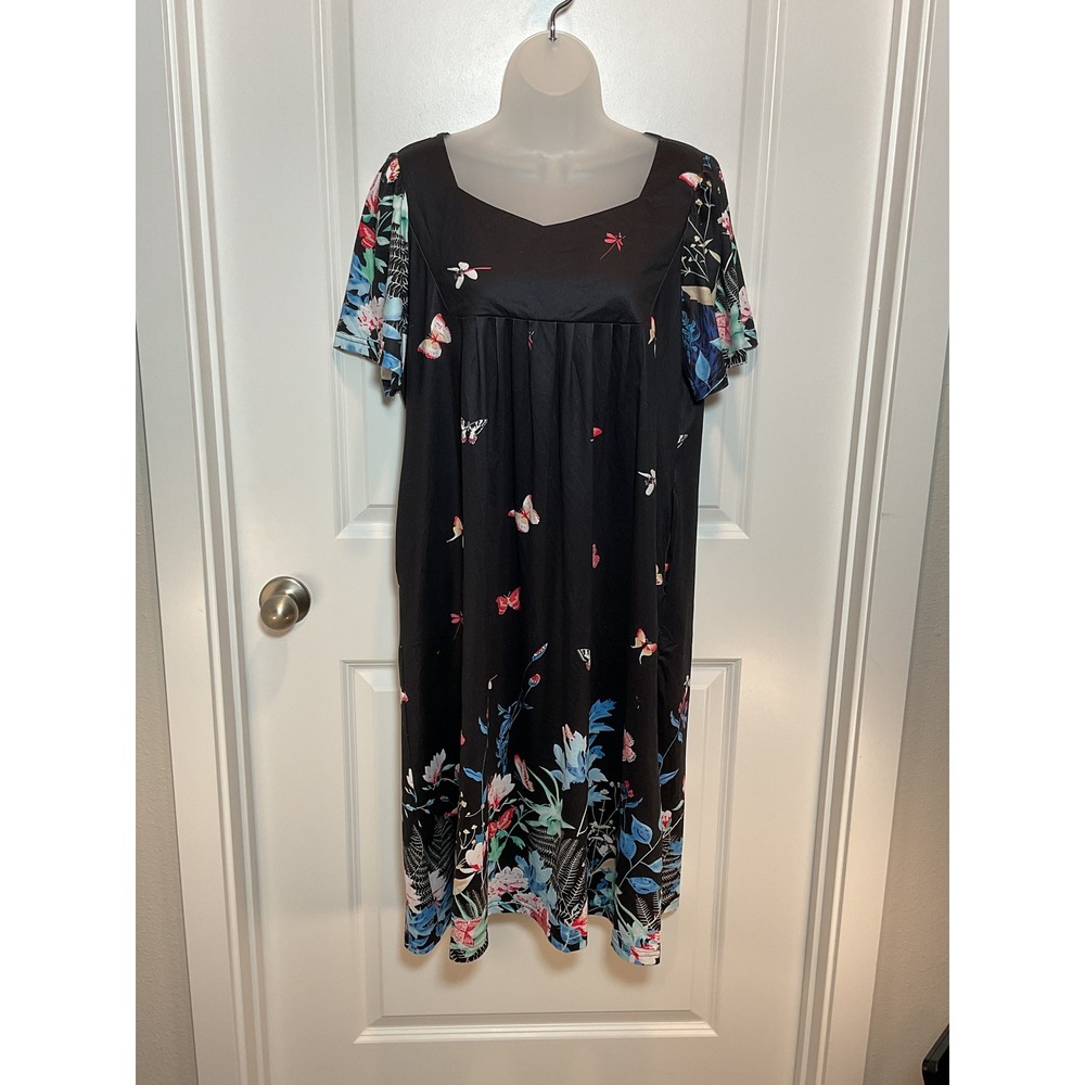 EKOUAER Black Butterfly Floral Print Short Sleeve Midi Dress Medium Nature M